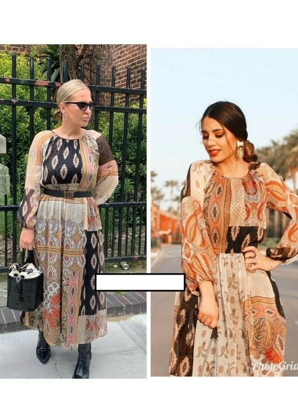 ZARA Black Multi Paisley Print Midi Maxi Long Sleeve Chiffon Dress
